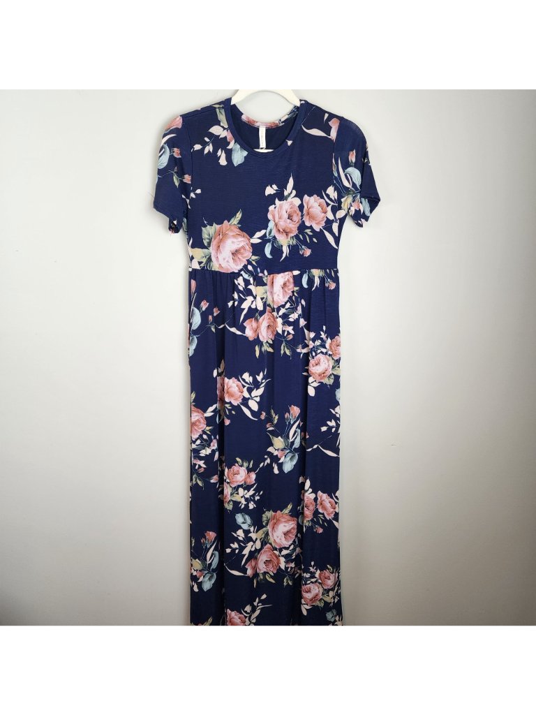 Pinkblush Maternity Maxi Dress Sz S Navy Blue Rose Print Short Sleeve — image 2 of 8